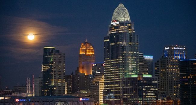 Cincinnati OH skyline at night from Newport, KY.