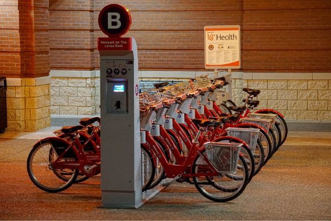 Red Bikes for rent in Newport across the Ohio River from Cincinnati.